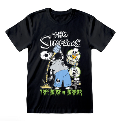 Black t-shirt with 'The Simpsons' Treehouse of Horror design on a white background