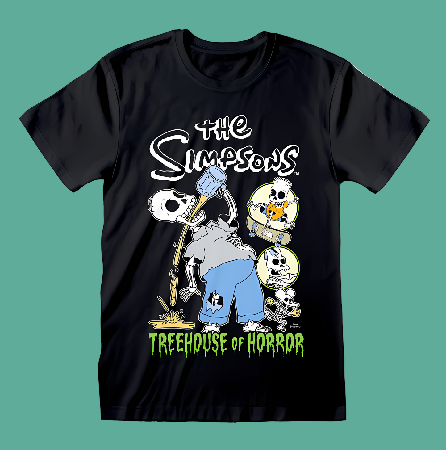 Black t-shirt with 'The Simpsons' Treehouse of Horror design on a white background