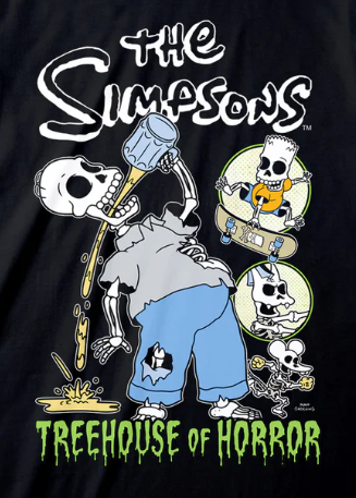 T-shirt with 'The Simpsons' Treehouse of Horror design featuring a skeleton and cartoon characters on a black background.