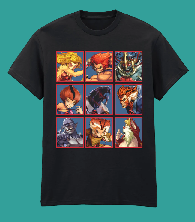 Black t-shirt with colourful 80s  Thundercats cartoon character illustrations in a grid layout