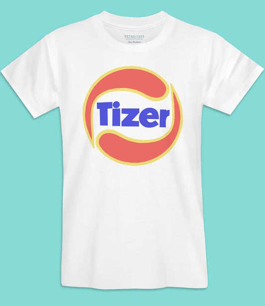 Mens short sleeve white short sleeve t-shirt featuring retro Tizer logo and text