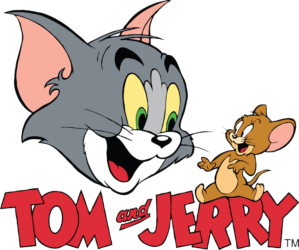 Tom and Jerry cartoon logo featuring Tom the gray cat and Jerry the brown mouse above large red 'TOM and JERRY' text on a white background.
