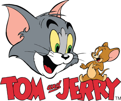 Tom and Jerry cartoon logo featuring Tom the gray cat and Jerry the brown mouse above large red 'TOM and JERRY' text on a white background.