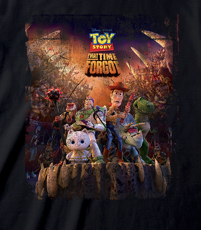 Black t-shirt with 'Toy Story 4' graphic design featuring characters and text.