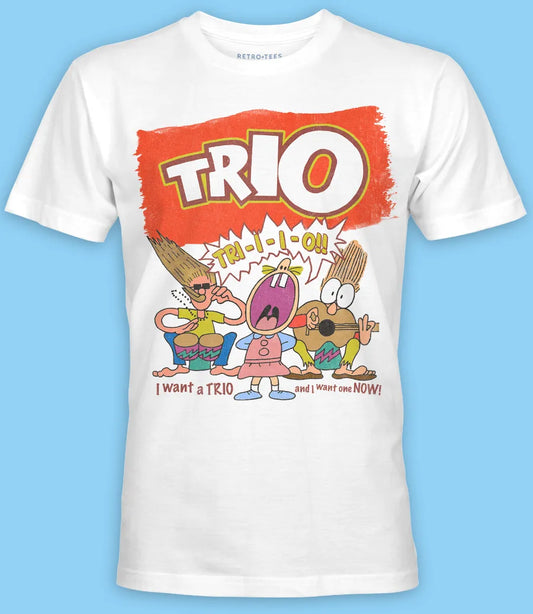 Mens short sleeve white short sleeve t-shirt featuring retro Trio chocolate/biscuit singing Suzy advert image with trio text