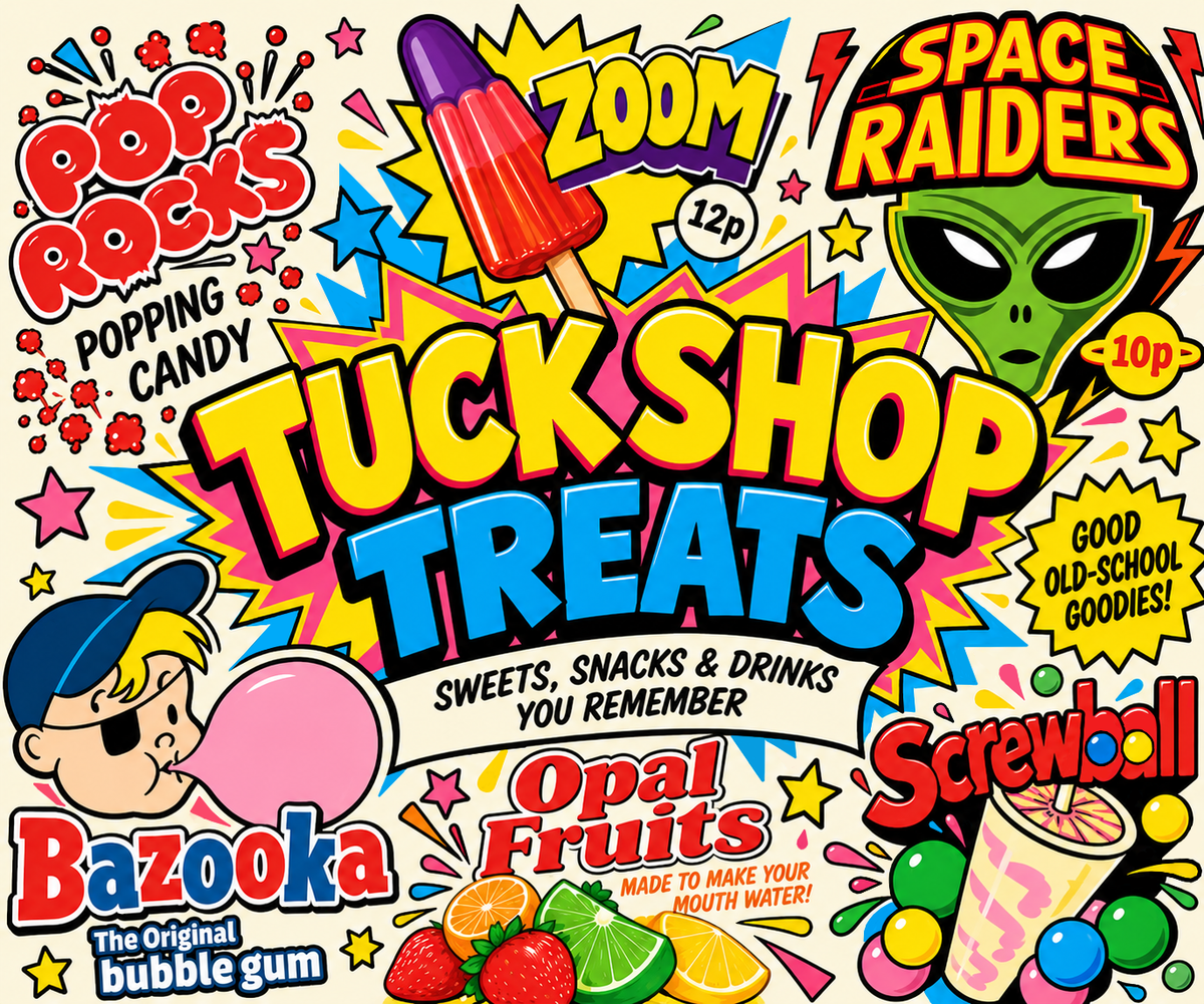 A colourful retro-style candy and treats poster for Tuck Shop Treats, featuring cartoon graphics 