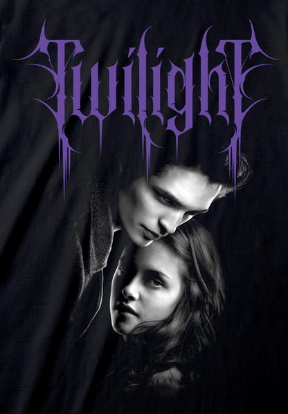 Black t-shirt with 'Twilight' graphic design featuring a couple and the title.