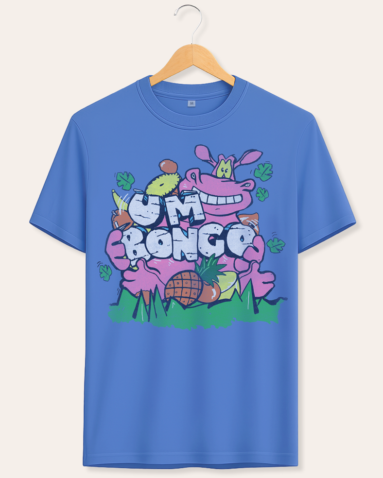 Official Um Bongo design on a Blue t-shirt with colorful fun hippo graphic design on a hanger against a white background