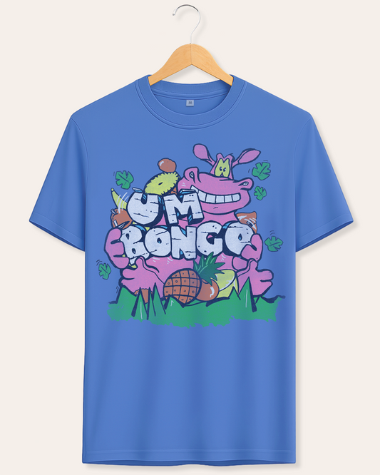 Official Um Bongo design on a Blue t-shirt with colorful fun hippo graphic design on a hanger against a white background