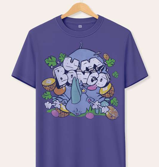 Official Um Bongo retro dusk blue short sleeve t-shirt with cartoon Rhino character design with Um Bongo logo. hanging against beige background