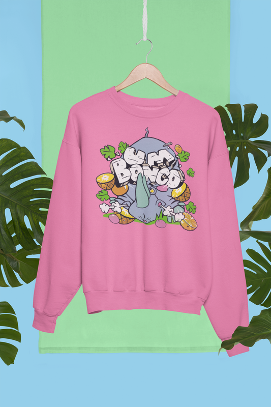 Pink long sleeve sweatshirt with a retro Um Bongo Rhino design and logo