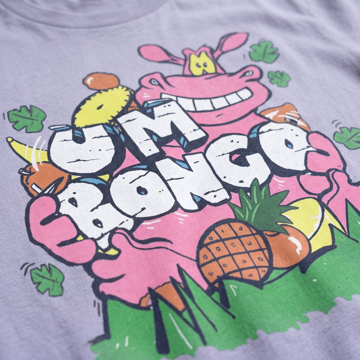 official Um Bongo hippo Lavender short sleeve t-shirt close up detail