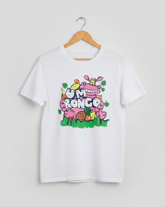 A white short-sleeve crewneck t-shirt featuring a colorful cartoon graphic of a pink hippo with the text 'UM BONGO' on the front, displayed against a solid white background.