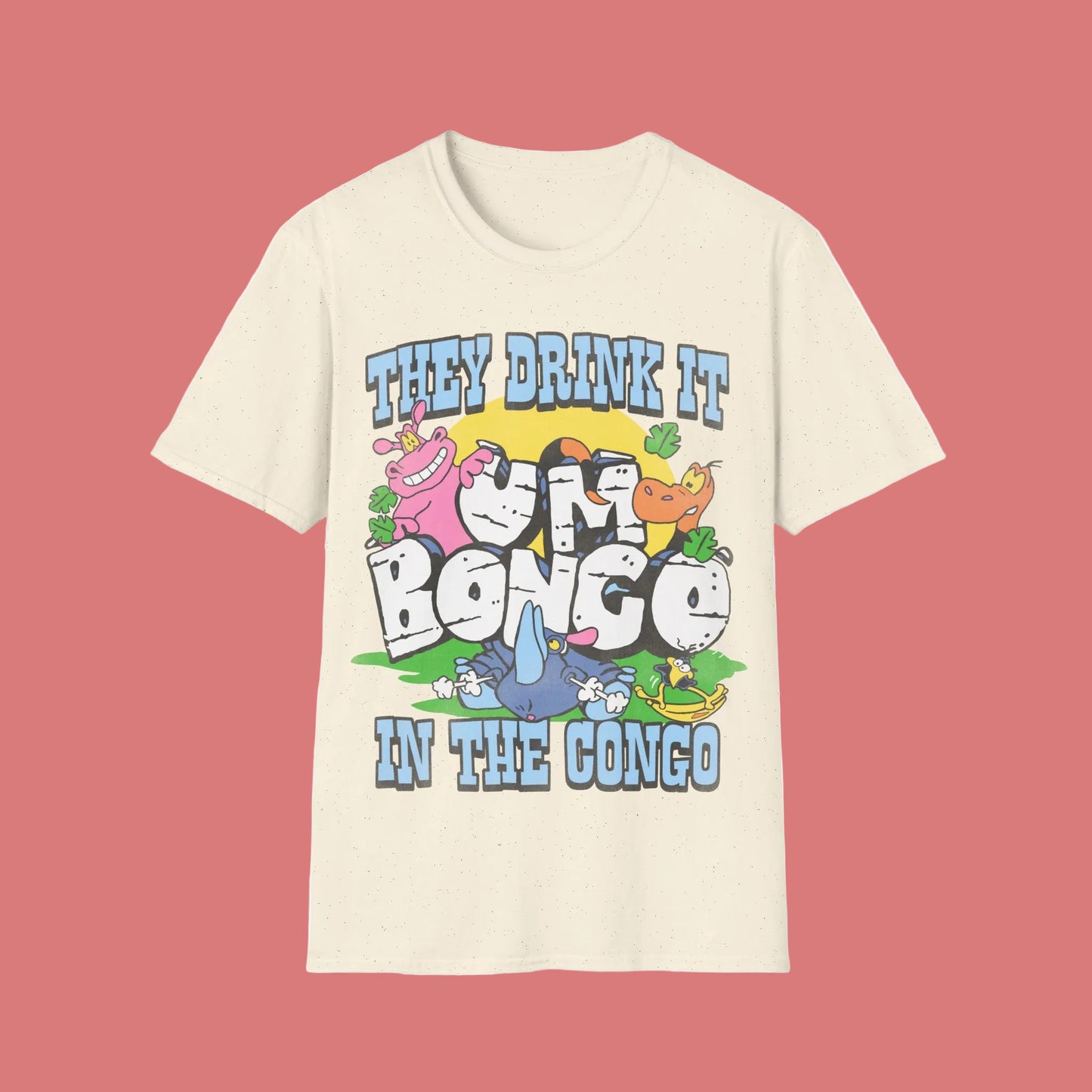Um bongo Beige t-shirt with colorful graphic and text 'They Drink It in the Congo' on a white background