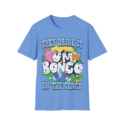 Um bongo Blue t-shirt with a colourful cartoon design with the text They Drink It In The Congo and Um bongo logo
