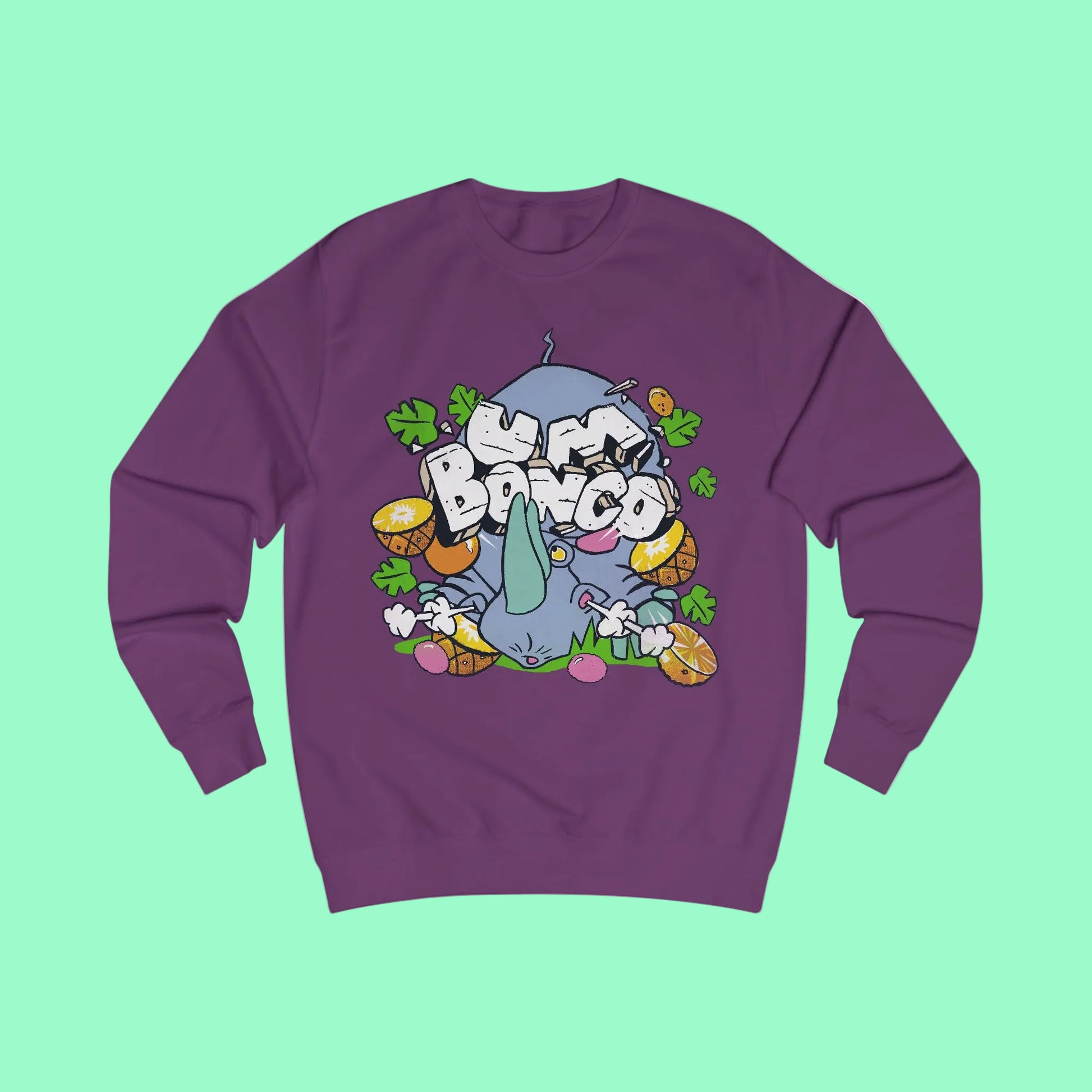 Purple long sleeve sweatshirt with a Retro Um bongo Rhino design and logo