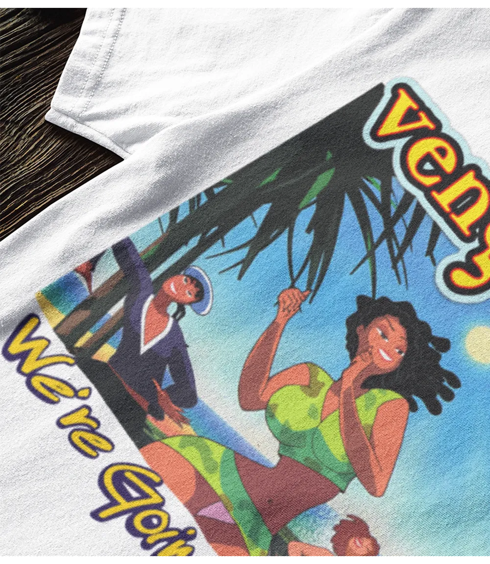 retro tees vengaboys inspired going to ibiza 90s party music t shirt. short sleeve crew neck white t-shirt laying on christmas display