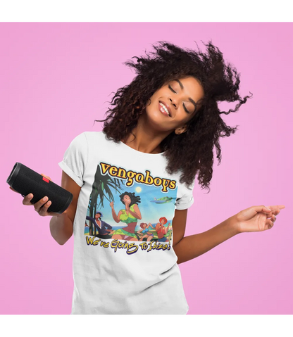 Woman wearing a 'Vengaboys' t-shirt with a colorful graphic design on a pink background