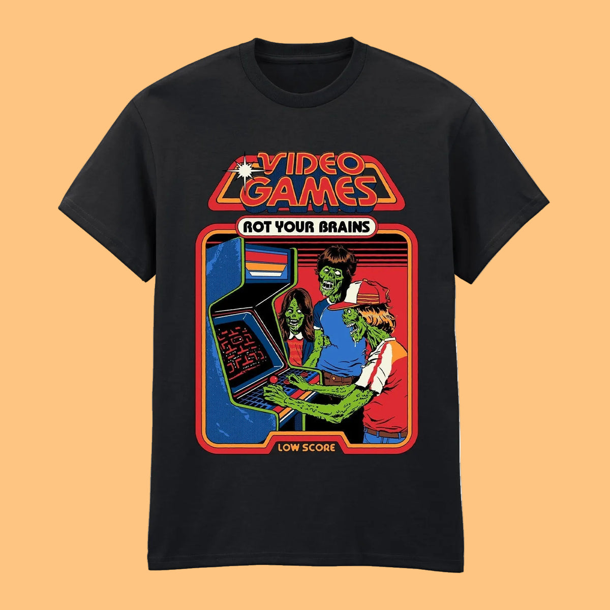 A black short-sleeve crewneck t-shirt featuring a colorful retro arcade graphic on the front. The graphic displays the text 'VIDEO GAMES' in a red and yellow font, with 'ROT YOUR BRAINS' underneath, and an illustration of characters playing an arcade machine with 'LOW SCORE' at the bottom.