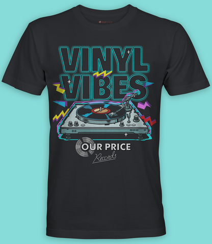 Our Price Records short sleeve  black t shirt featuring vintage record player and vinyl vibes text with our price logo