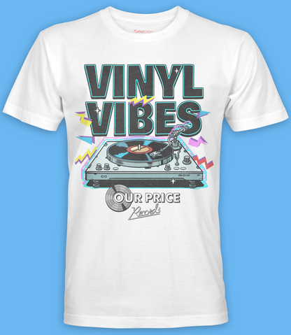 Our Price Records short sleeve white t shirt featuring vintage record player and vinyl vibes text with our price logo