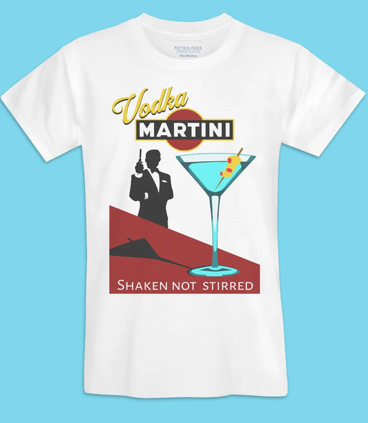 Mens short sleeve white short sleeve t-shirt featuring OO7 Bond silhouette, cocktail glass and Vodka Martini, Shaken not stirred text 