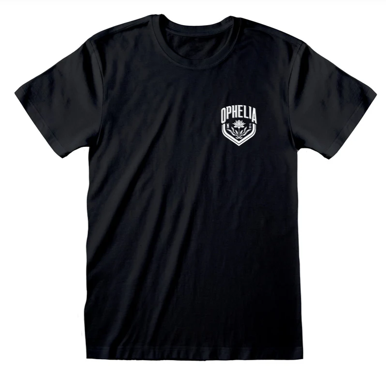 Black t-shirt with a white logo on a white background