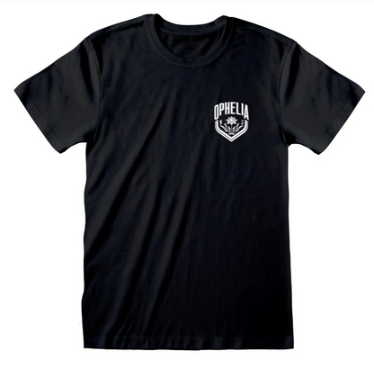 Black t-shirt with a white logo on a white background
