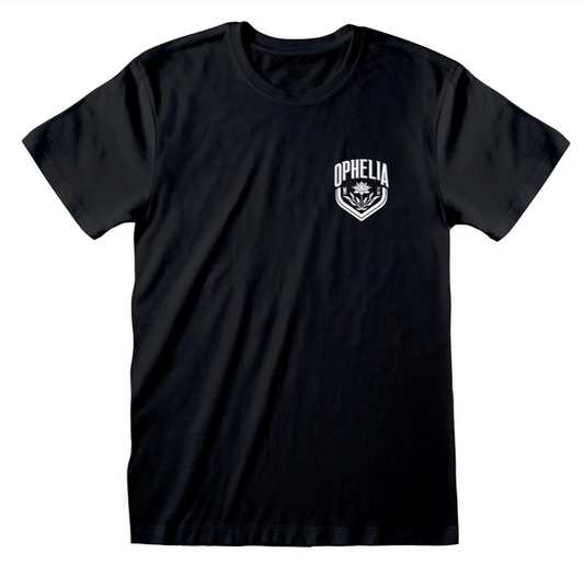 Black t-shirt with a white logo on a white background