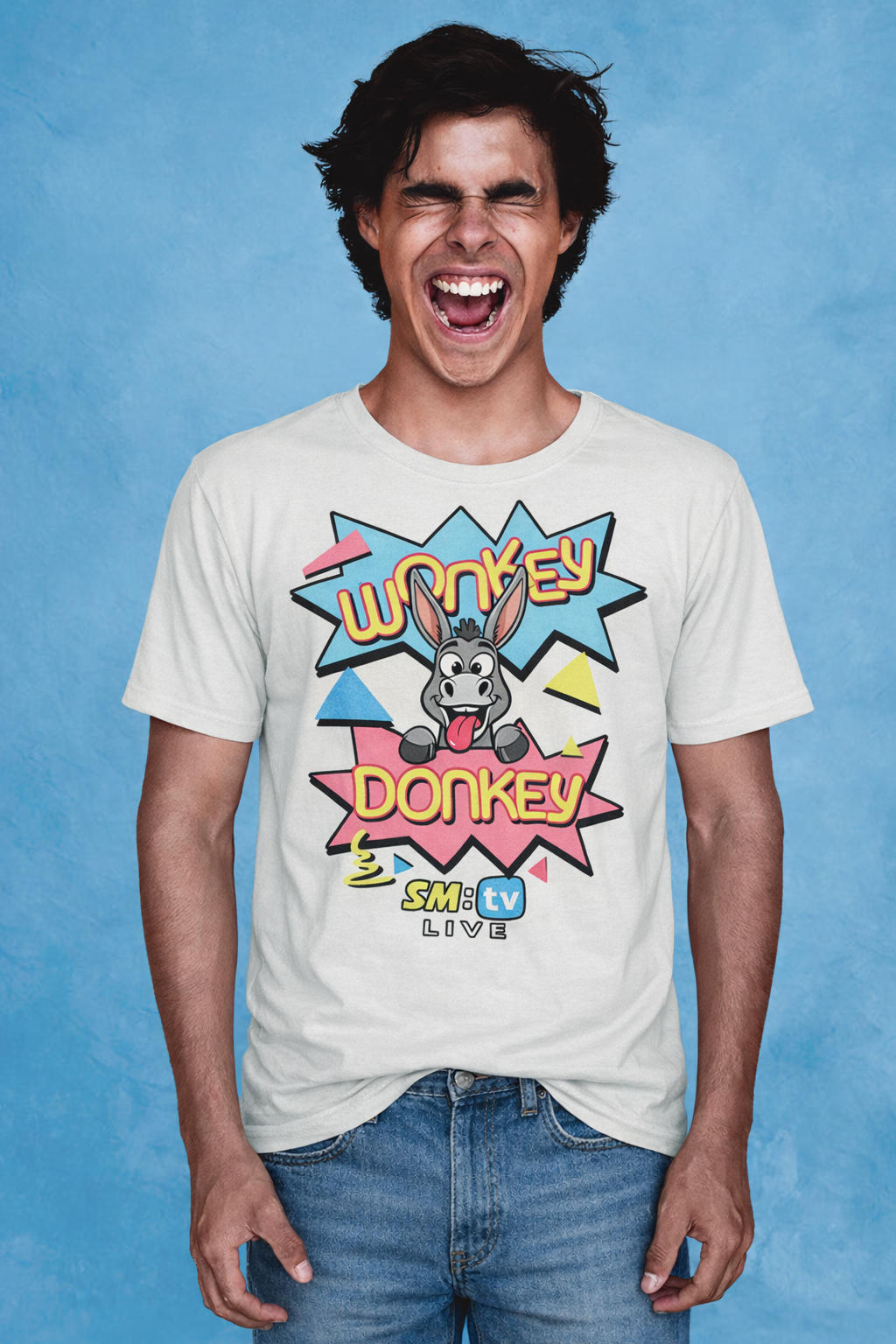 Person wearing a short Sleeve  white t-shirt with colourful 'Wonkey Donkey' SM TV Live graphic design