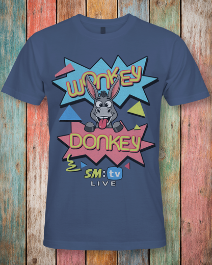 Blue t-shirt with a cartoon SM TV Live Wonkey donkey design on a wooden background