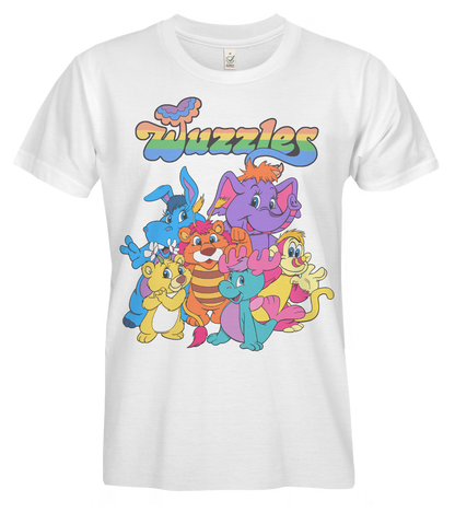 Retro Tees 80s wuzzles cartoon white short sleeve t-shirt featuring rainbow logo and all wuzzles characters