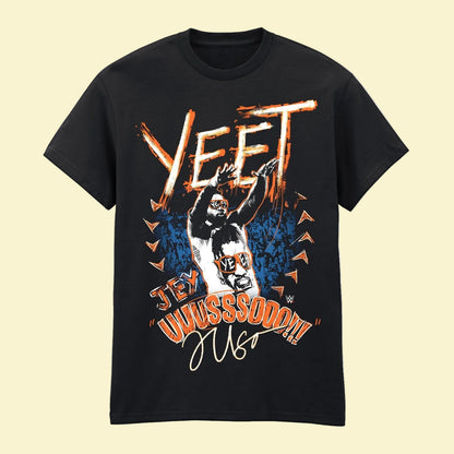 Black t-shirt with WWE Yeet graphic design and text 