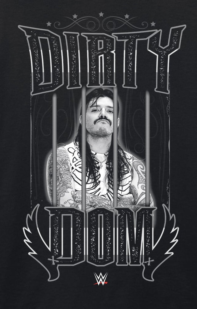 A black short-sleeve crewneck t-shirt featuring a large graphic print of wrestler Dirty Dom with his name stylized in gothic lettering, set against a plain white background.