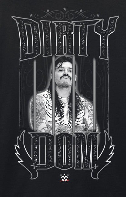 A black short-sleeve crewneck t-shirt featuring a large graphic print of wrestler Dirty Dom with his name stylized in gothic lettering, set against a plain white background.