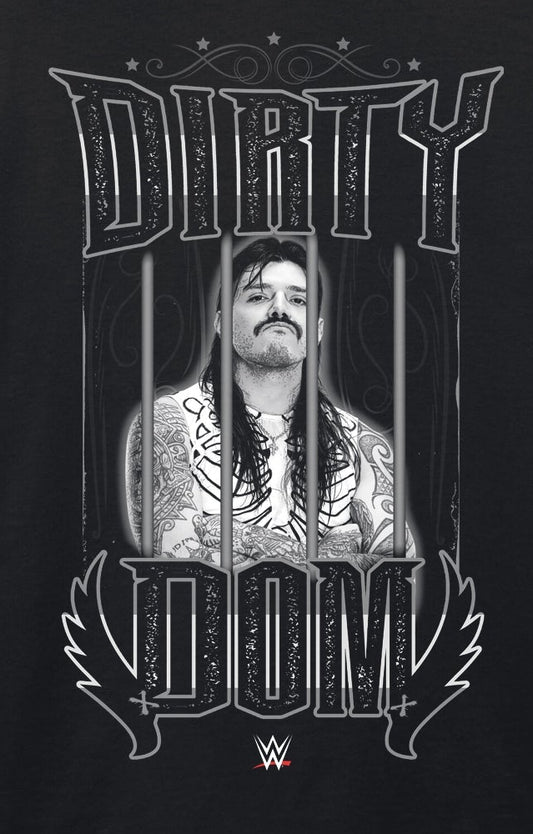 A black short-sleeve crewneck t-shirt featuring a large graphic print of wrestler Dirty Dom with his name stylized in gothic lettering, set against a plain white background.