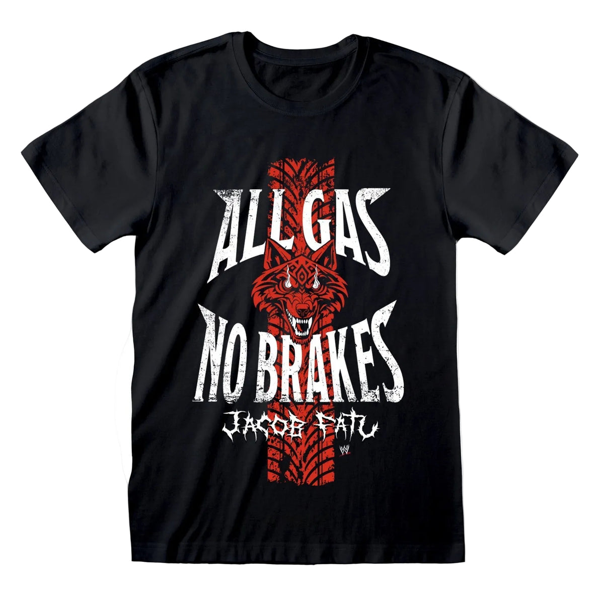 A black short-sleeve crewneck t-shirt featuring a graphic print of a red tiger head over tire tread patterns, with the text 'ALL GAS NO BRAKES' in distressed white lettering and 'JACOB FATU' below.