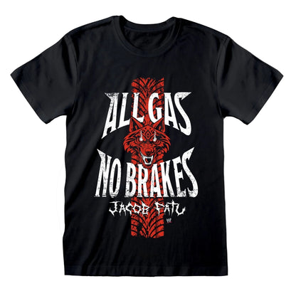 A black short-sleeve crewneck t-shirt featuring a graphic print of a red tiger head over tire tread patterns, with the text 'ALL GAS NO BRAKES' in distressed white lettering and 'JACOB FATU' below.