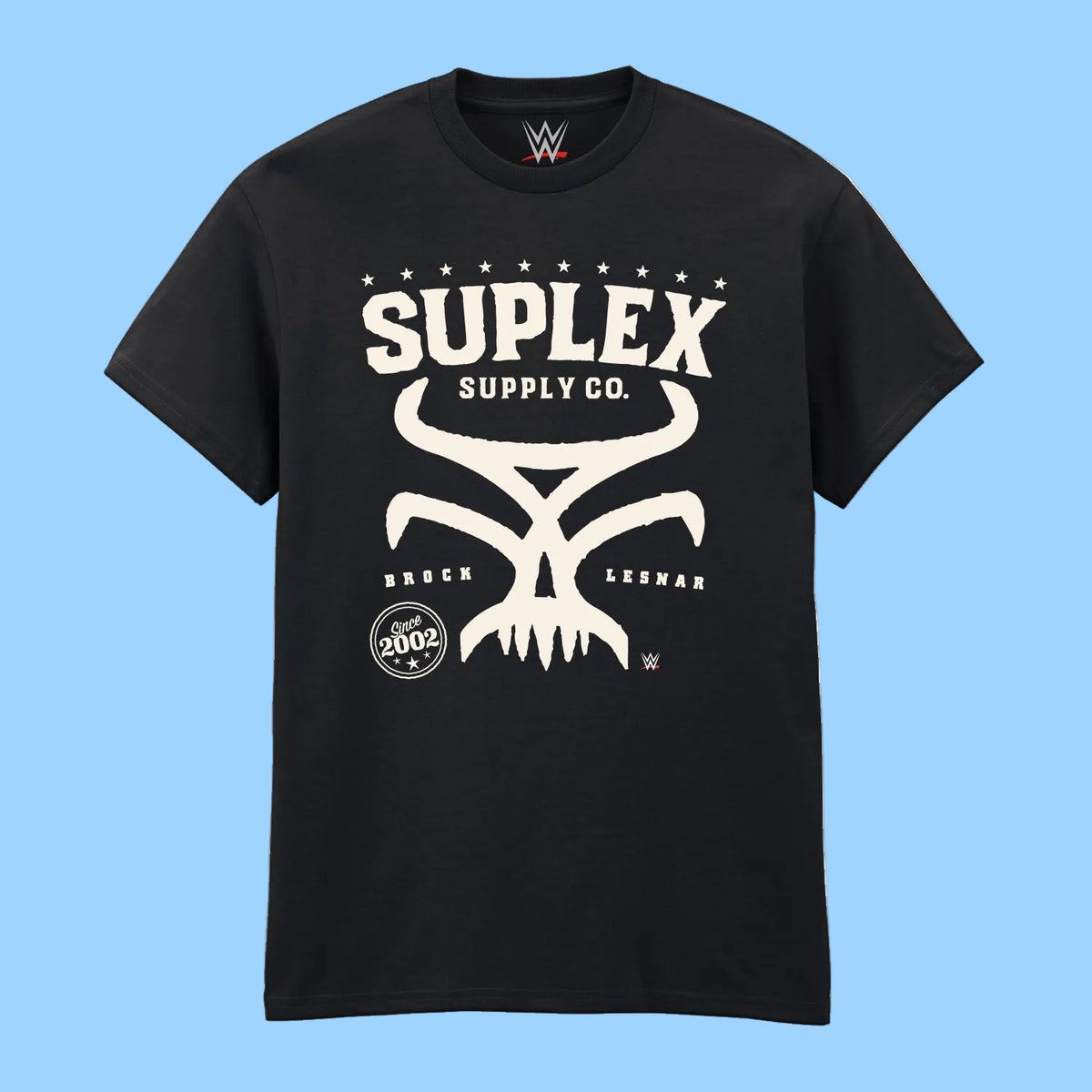 A black short-sleeve crewneck t-shirt featuring a large white graphic print on the front. The graphic displays the text 'SUPLEX SUPPLY CO.