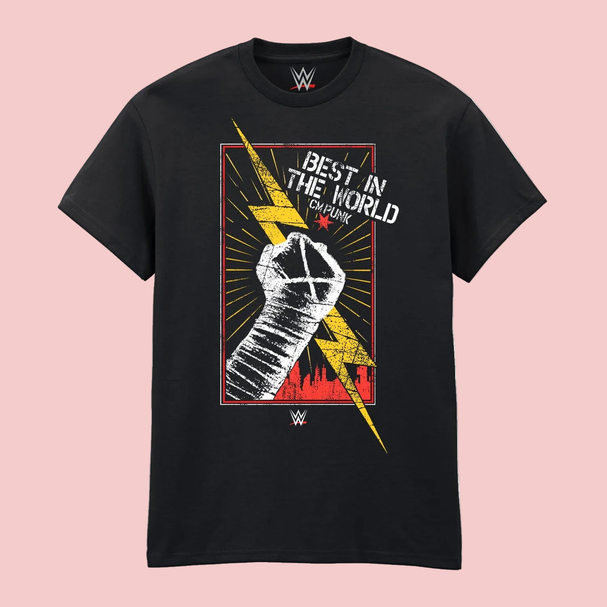 A black short-sleeve crewneck t-shirt featuring a WWE graphic on the front with a white hand-banded fist, a yellow lightning bolt, and the text 'BEST IN THE WORLD CM PUNK'.