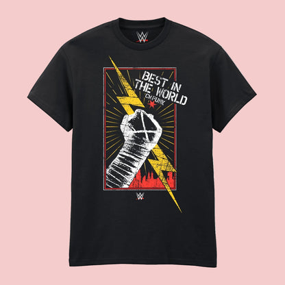 A black short-sleeve crewneck t-shirt featuring a WWE graphic on the front with a white hand-banded fist, a yellow lightning bolt, and the text 'BEST IN THE WORLD CM PUNK'.
