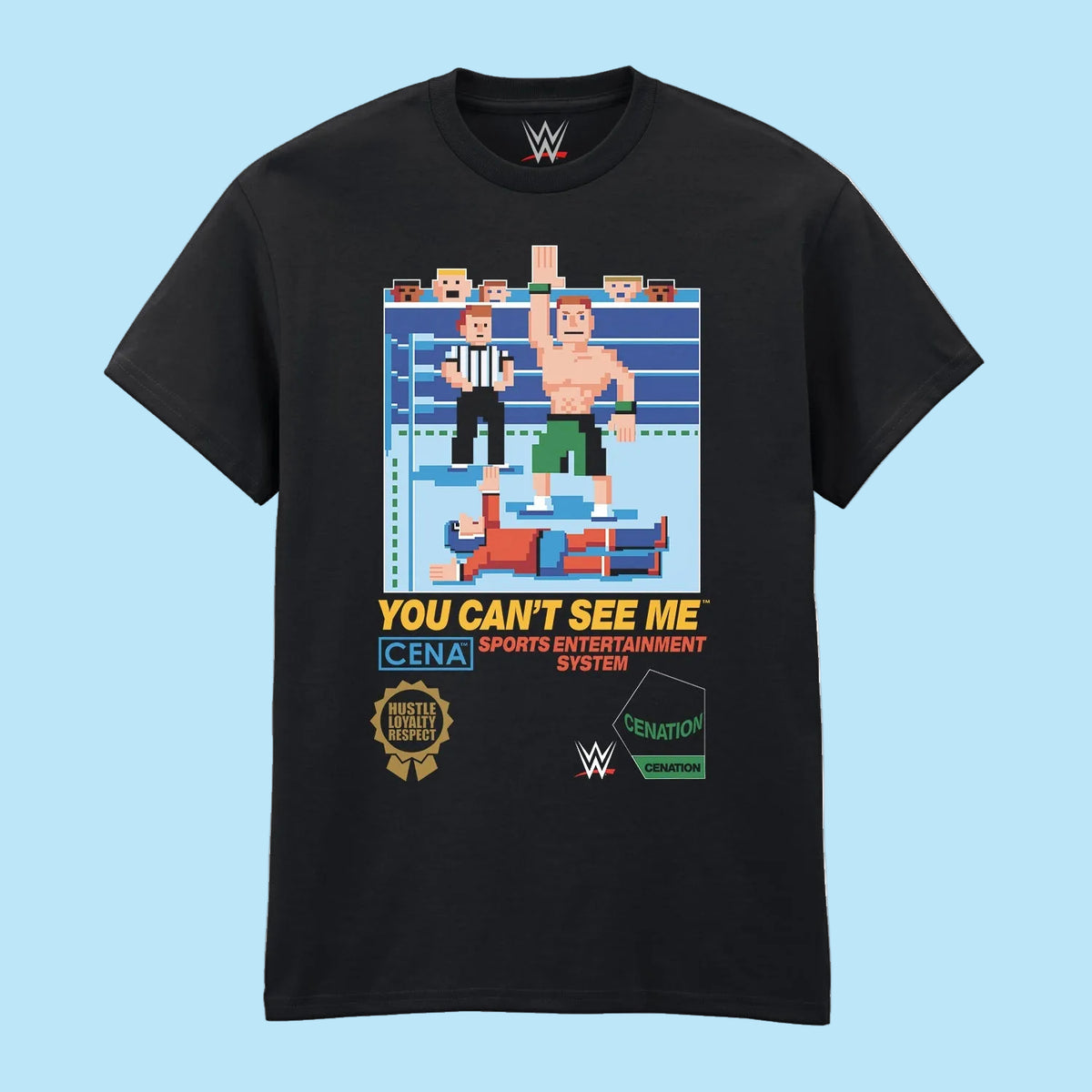Black t-shirt with pixelated wrestling graphic and text on a white background