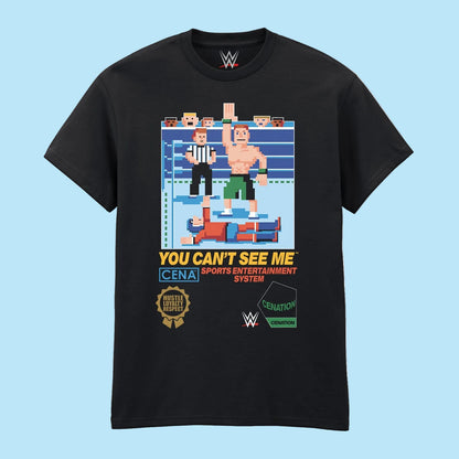 Black t-shirt with pixelated wrestling graphic and text on a white background