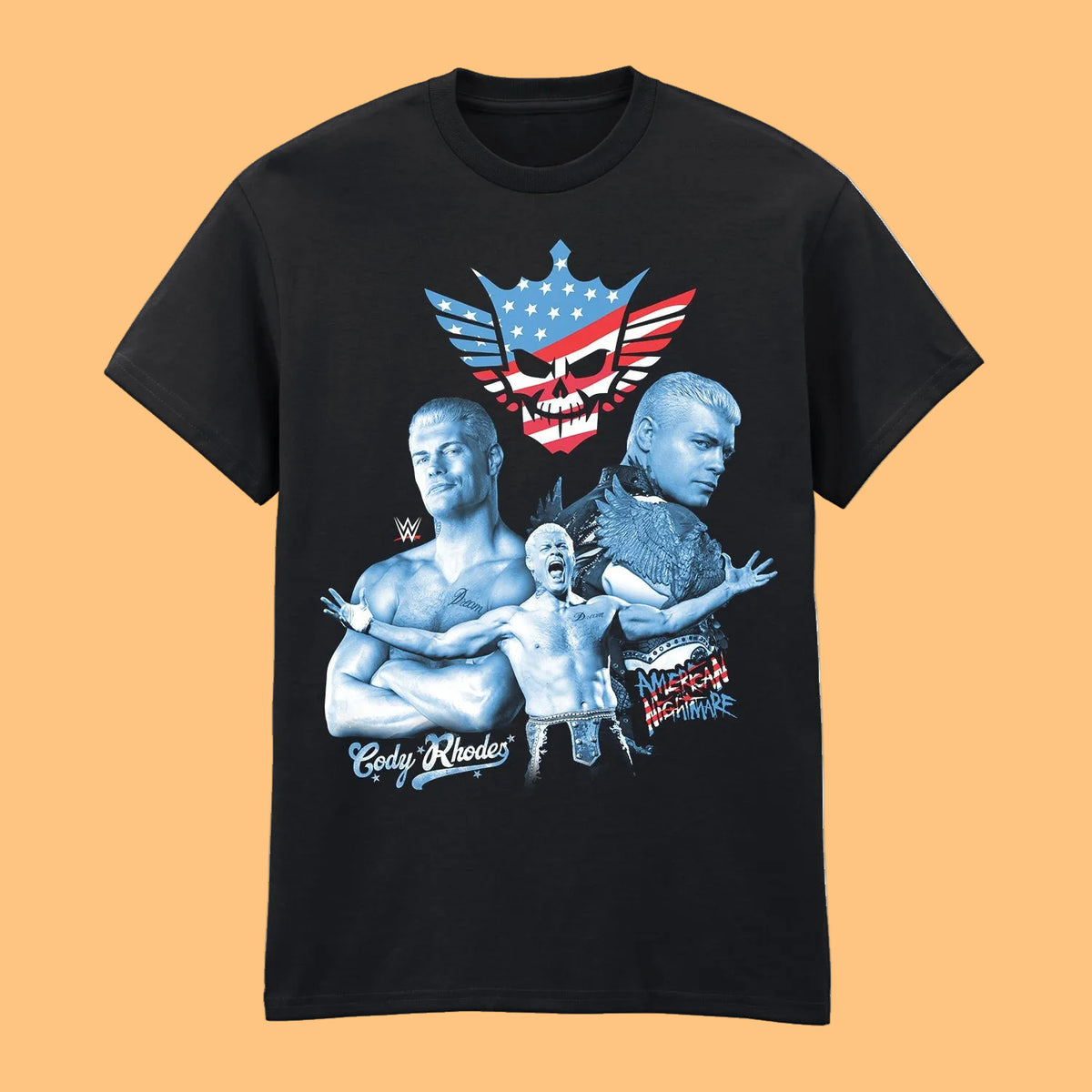 Black t-shirt with graphic design featuring wrestlers and an American flag skull 