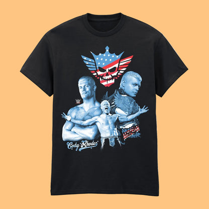 Black t-shirt with graphic design featuring wrestlers and an American flag skull 