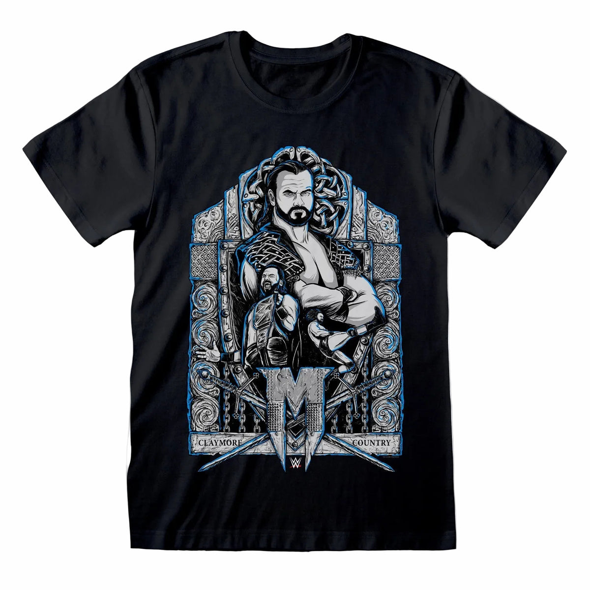 Black t-shirt with a graphic design of a wrestler a decorative frame with text claymore country