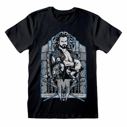Black t-shirt with a graphic design of a wrestler a decorative frame with text claymore country