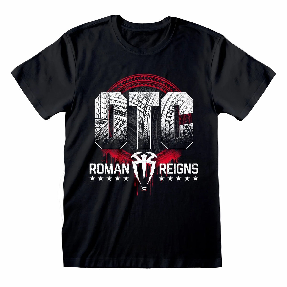 A black short-sleeve crewneck t-shirt featuring a large graphic print on the front. The graphic displays the letters 'OTC' in a stylized tire-tread pattern, with 'ROMAN REIGNS' and a central shield emblem printed below in white and red.