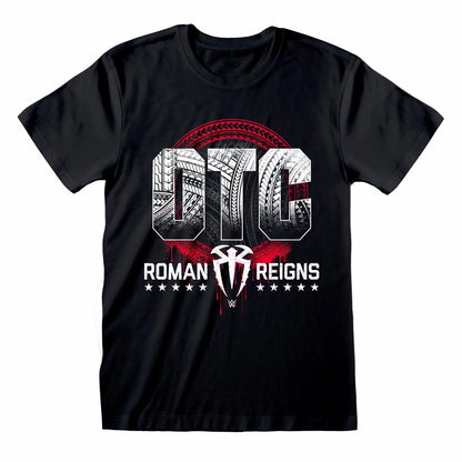 A black short-sleeve crewneck t-shirt featuring a large graphic print on the front. The graphic displays the letters 'OTC' in a stylized tire-tread pattern, with 'ROMAN REIGNS' and a central shield emblem printed below in white and red.