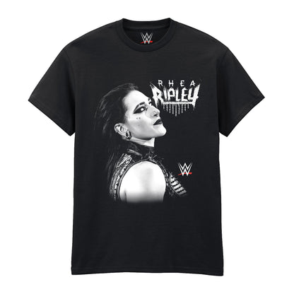 Black t-shirt with a graphic of Rhea Ripley and WWE logos on a white background